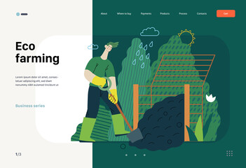 Ecology - Composting, eco farming -Modern flat vector concept illustration of ecology, organic farming metaphor. A man wearing rubber boots, digging composter Creative landing web page template