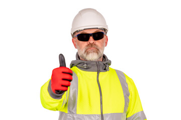 Fototapeta premium builder in hard hat, hi-visibility fleece and red safety gloves on white background with space for text gives OK gesture to the viewer. Always wear correct PPE 