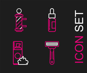 Set line Shaving razor, gel foam, Glass bottle with pipette and Classic Barber shop pole icon. Vector