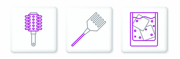 Set line Glass of whiskey and ice cubes, Hairbrush and icon. Vector