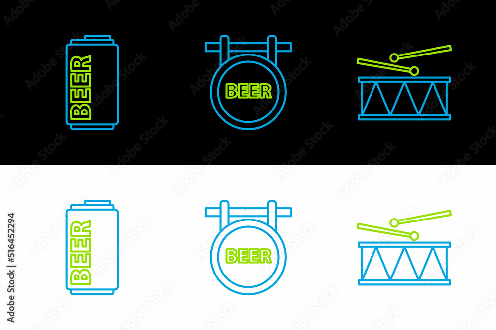 Poster Set line Musical instrument drum and drum sticks, Beer can and Street signboard with inscription icon. Vector