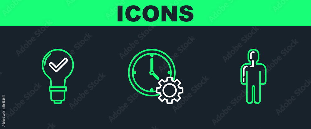 Poster set line user of man in business suit, light bulb and check mark and time management icon. vector