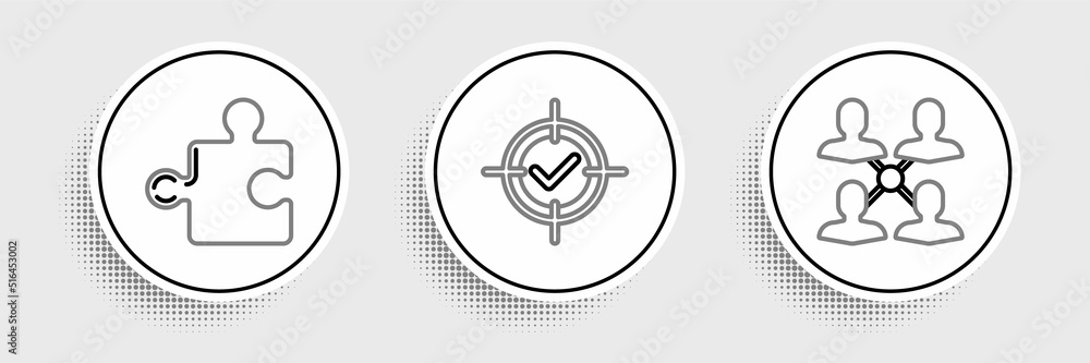 Canvas Prints Set line Project team base, Piece of puzzle and Target and check mark icon. Vector