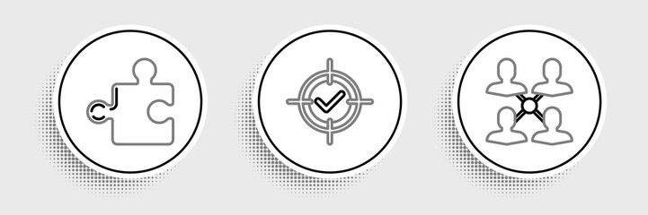 Set line Project team base, Piece of puzzle and Target and check mark icon. Vector