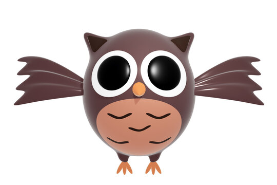Cartoon plastic brown cute flying owl with big eyes isolated on a white background, 3d illustration