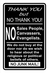 NO COLD CALLERS, RELIGIOUS SALESMEN NO JUNK MAIL SIGN