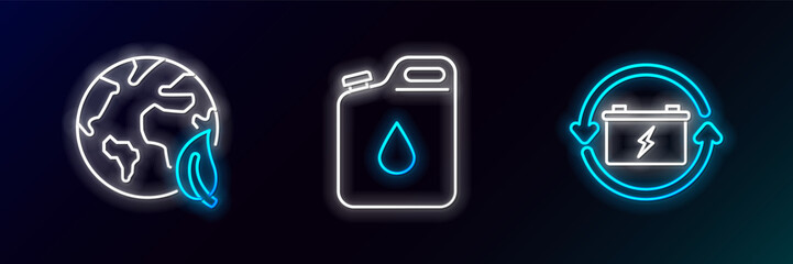 Set line Battery with recycle symbol, Earth globe and leaf and Canister for gasoline icon. Glowing neon. Vector