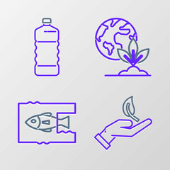 Set line Sprout in hand of environmental protection, Stop ocean plastic pollution, Earth globe plant and Plastic bottle icon. Vector