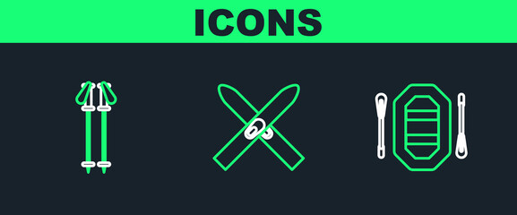 Set line Rafting boat, Ski poles and and sticks icon. Vector