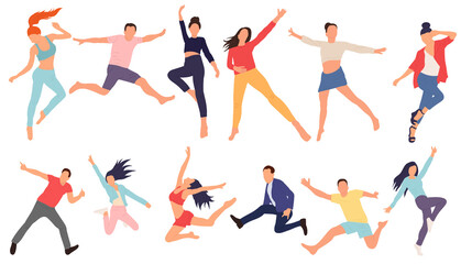 Fototapeta na wymiar people jumping set in flat style, isolated, vector