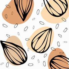 Almond pattern. Hand drawn vector nuts. Doodle sketch with colored spots. Ingredient of a healthy diet, organic fresh preparations. Label template, packaging.