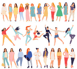 women, girls set in flat style, isolated, vector