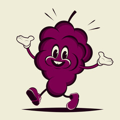 funny retro illustration of walking cartoon grapes