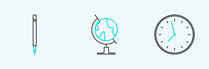 Set line Clock, Pencil with eraser and Earth globe icon. Vector