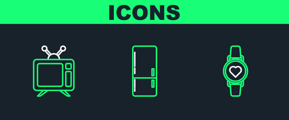 Set line Smart watch showing heart beat rate, Television and Refrigerator icon. Vector