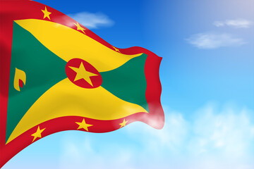Grenada flag in the clouds. Vector flag waving in the sky. National day realistic flag illustration. Blue sky vector.