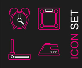 Set line Electric iron, Router and wi-fi signal, Bathroom scales and Alarm clock icon. Vector