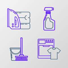 Fototapeta premium Set line Washer and t-shirt, Mop bucket, Cleaning spray bottle with detergent liquid and Electric iron towel icon. Vector