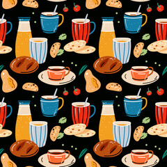 Colored seamless pattern of food and drink. Vector illustration for design of menu. Kitchen vector illustration with cups for tea and coffee, juices. Background with bright colorful crockery