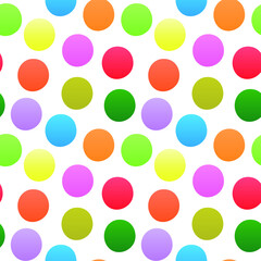 Colorful seamless polka dots pattern. Repeating geometric red, blue, green, yellow, orange circles. Abstract design template. Vector illustration on white background.