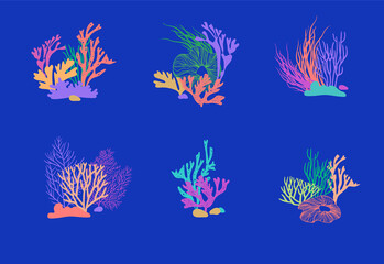 Set of compositions from corals, reefs and algae. Can be used to create logos, icons, patterns. Ocean life. Sea bottom. Seabed vector illustration. 