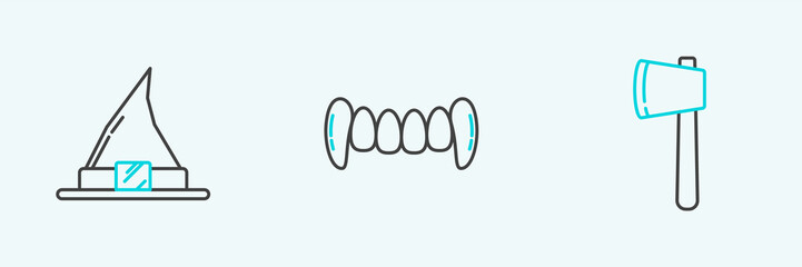 Set line Wooden axe, Witch hat and Vampire teeth icon. Vector