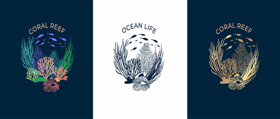 Composition of corals, reefs and algae. Multi-colored and golden reefs and corals on a dark blue background. Can be used to create a logo, icon, sing, pattern. Ocean life. Seabed vector illustration - 516456617