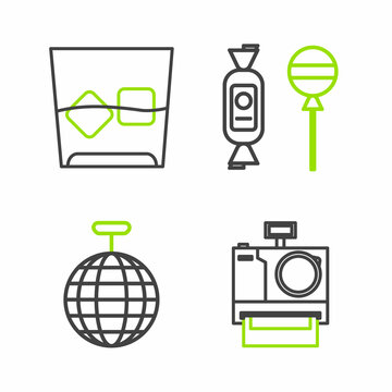 Set line Photo camera, Disco ball, Lollipop and Glass of whiskey and ice cubes icon. Vector