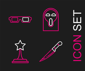 Set line Knife, Movie trophy, Funny and scary ghost mask and 3D cinema glasses icon. Vector