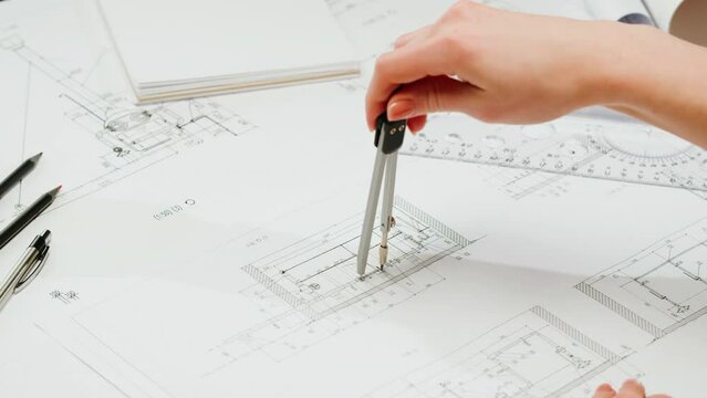 Architect designer using compass to draw plan blueprint close-up. Professional engineer working, interior creator making architectural house project, drafting building.