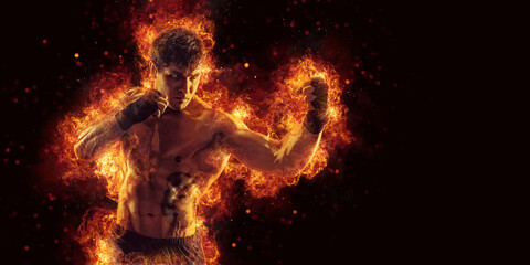 Fighter man in fire. Sport advertising. MMA boxer - obrazy, fototapety, plakaty