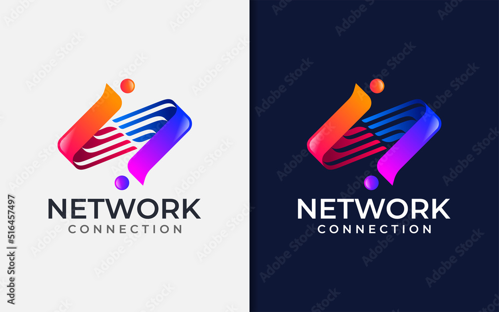 Poster digital network connection logo design. abstract initial letter n with people connection concept.