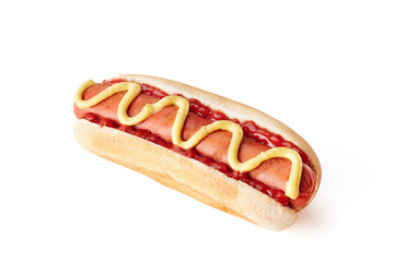 hot dog with ketchup and mustard, isolated on white background