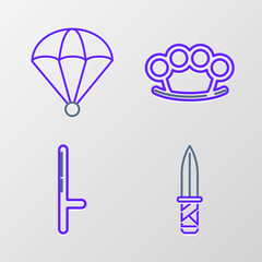 Set line Military knife, Police rubber baton, Brass knuckles and Parachute icon. Vector