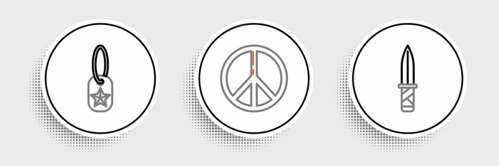 Set line Military knife, dog tag and Peace icon. Vector