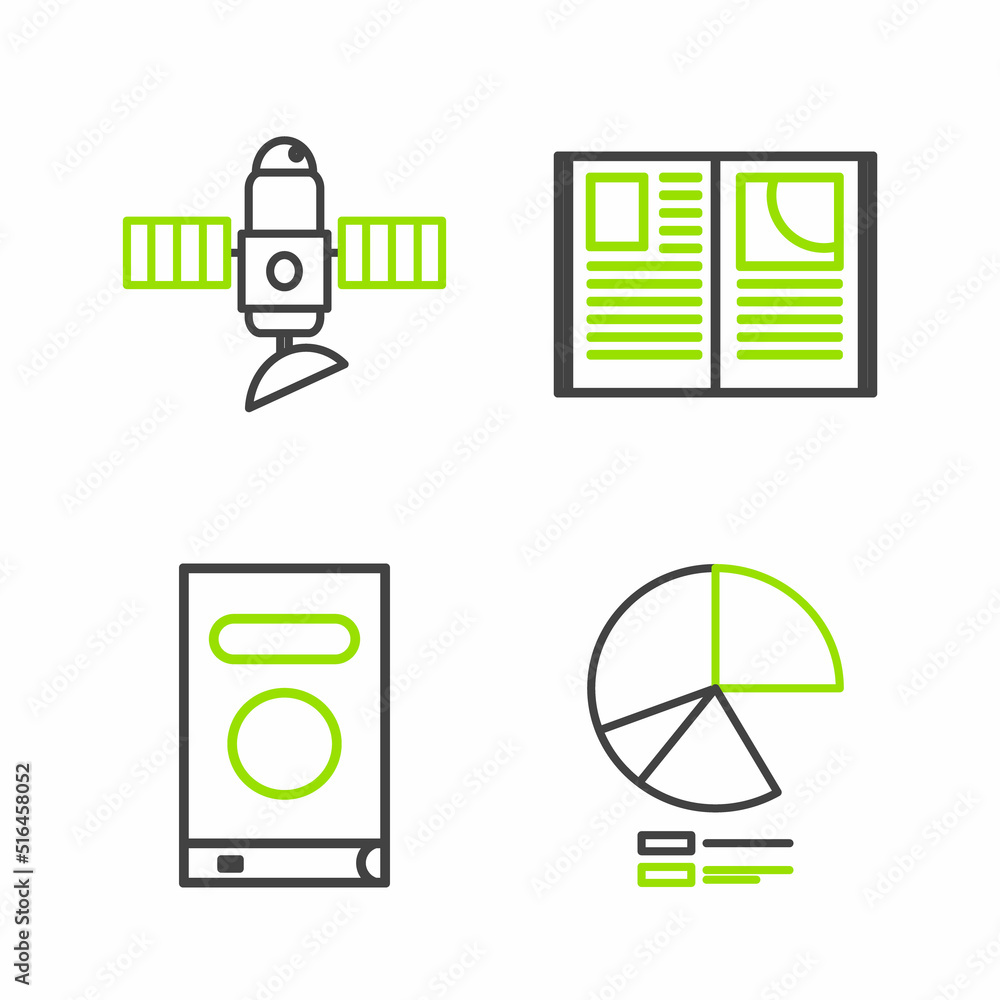 Poster Set line Pie chart infographic, Book, Open book and Satellite icon. Vector