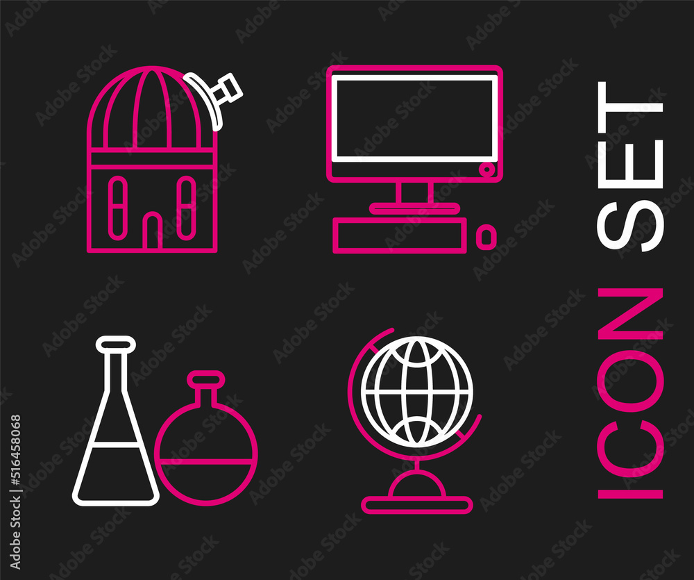 Poster set line earth globe, test tube and flask chemical laboratory, computer monitor with keyboard mouse 