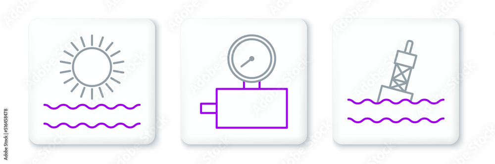 Poster set line floating buoy on the sea, sun and waves and gauge scale icon. vector