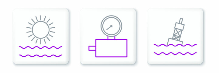 Set line Floating buoy on the sea, Sun and waves and Gauge scale icon. Vector © Oksana