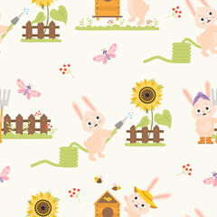 Seamless pattern with funny rabbits. cute bunny farmer with pitchfork near fence, watering sunflower from hose and beekeeper with beehive on background with butterflies and bees. Vector illustration.