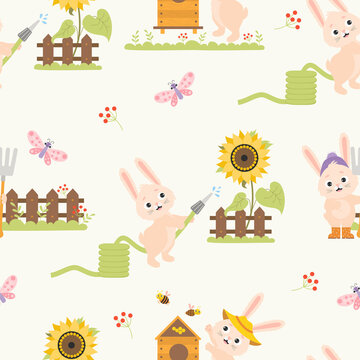Seamless pattern with funny rabbits. cute bunny farmer with pitchfork near fence, watering sunflower from hose and beekeeper with beehive on background with butterflies and bees. Vector illustration.