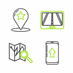 Set line Infographic of city map navigation, Folded with location marker, and Map pointer star icon. Vector