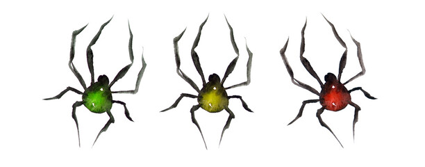 Big black toy watercolor spiders on a white background for halloween, copy space, Flat lay