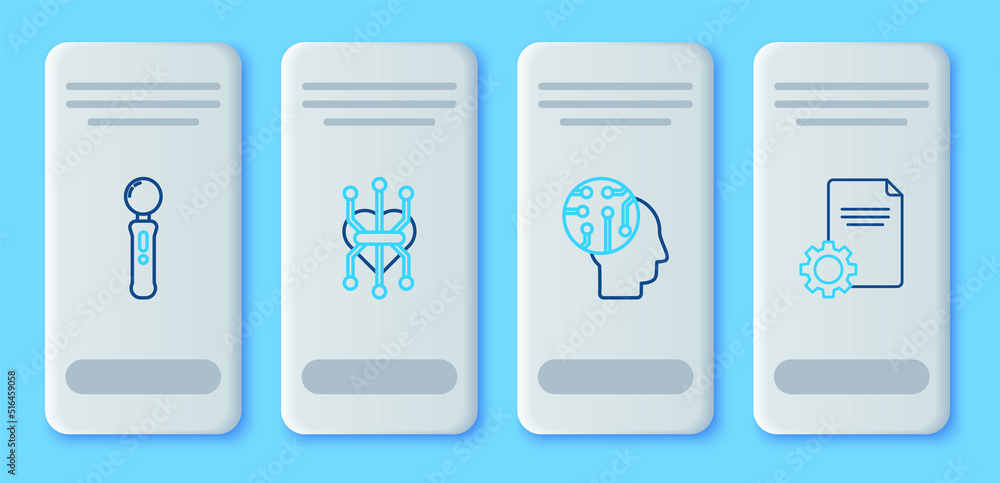 Poster set line processor, human brain as digital circuit board, gamepad and file document icon. vector