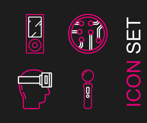 Set line Gamepad, Virtual reality glasses, Processor and Music player icon. Vector