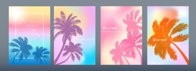 Summertime backgrounds set with palm trees, hot sun and blurry gradient. Colorful design for travel catalog, menu, card, flyer, banner. Sunny Days poster. Vector illustration.