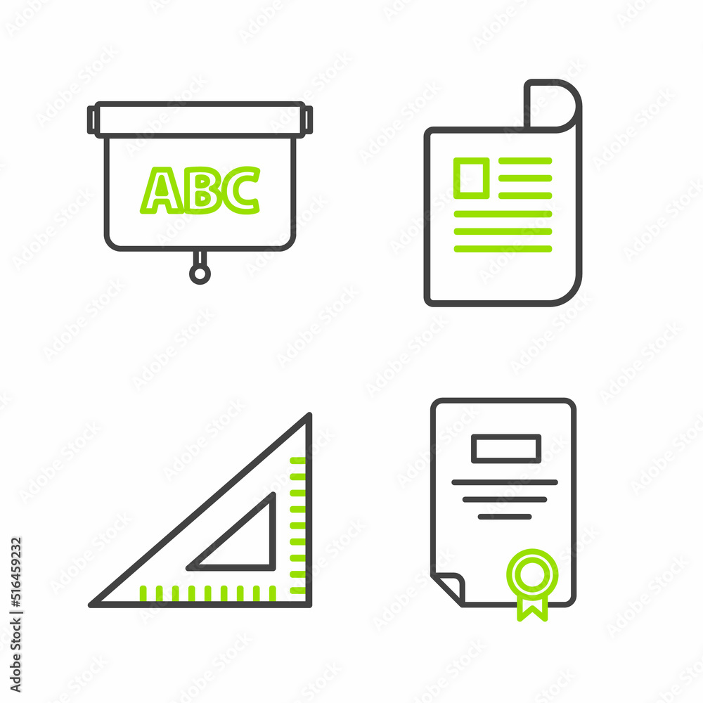 Poster set line certificate template, triangular ruler, document and chalkboard icon. vector