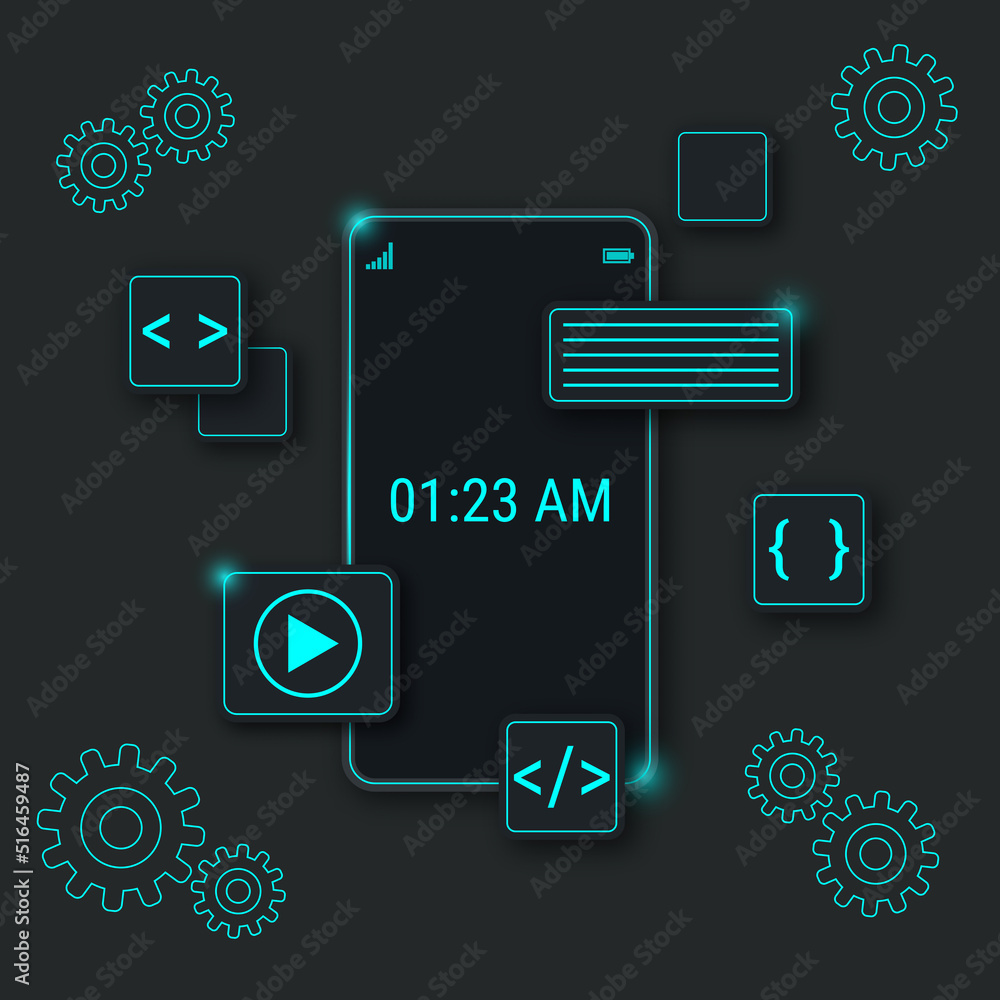 Poster mobile content design, application development vector concept. soft shadows neumorphic style illustr