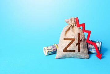 Polish zloty money bag and arrow down. Falling economy. Drop in profits. Decrease in interest rate...