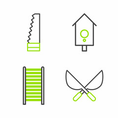 Set line Gardening handmade scissors, Wooden staircase, Retro wall watch and saw icon. Vector